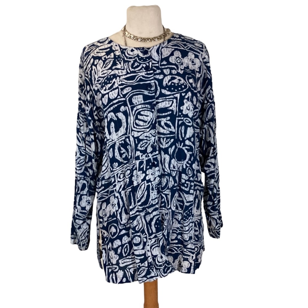 Vintage Print Blue and White Button Up Top